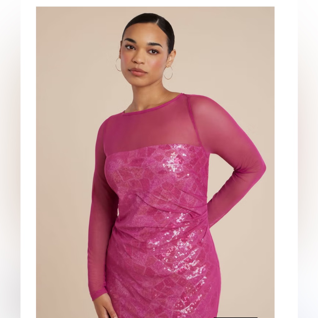 Eloquii Fuchsia Pink Sequin And Mesh Long Sleeve Dress